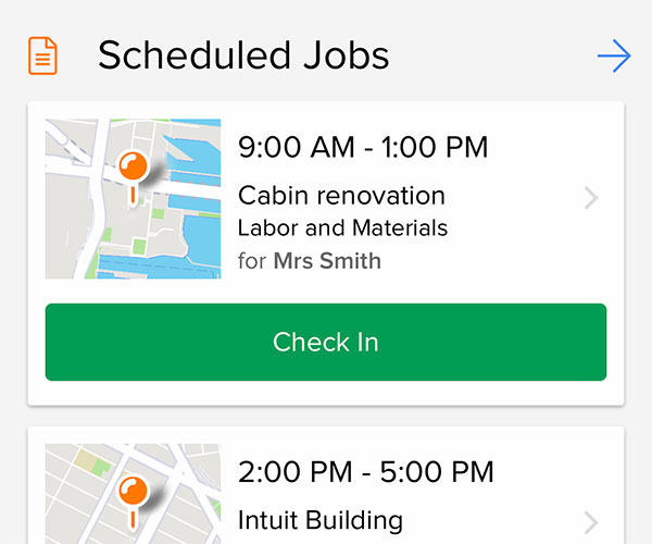 Smartphone app view displaying the list of scheduled jobs for the day | Scheduling | Knowify feature