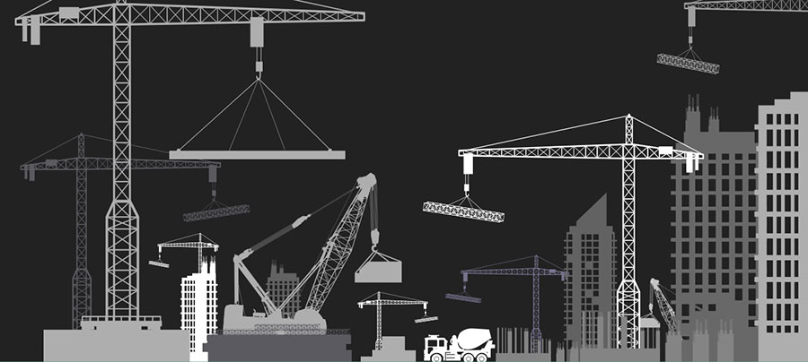 Illustration in B/W of an urban landscape with cranes and buildings | Construction industry by the numbers | Knowify