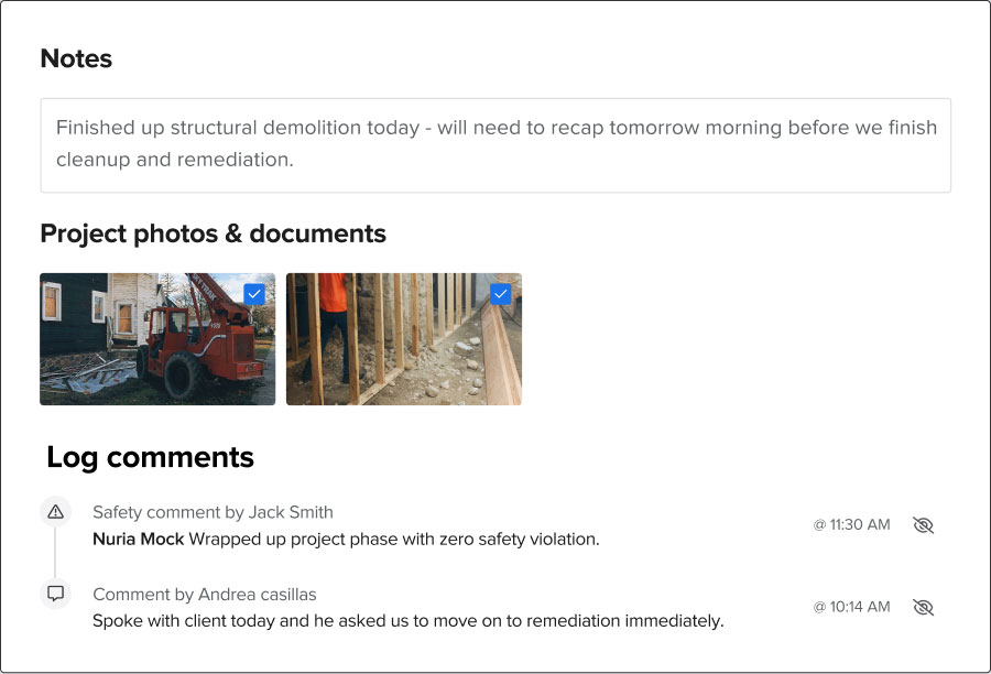 Partial view of the notes section at project level with additional information, supporting documents, and log comments | Daily logs | Knowify