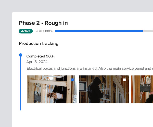 Partial view of a production tracking at a level phase with progress, comments, and pictures | Daily logs | Knowify