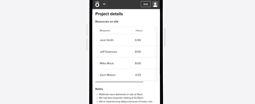 Mobile view of daily logs where the user can report resources on site by project on a daily basis | Product release | Knowify