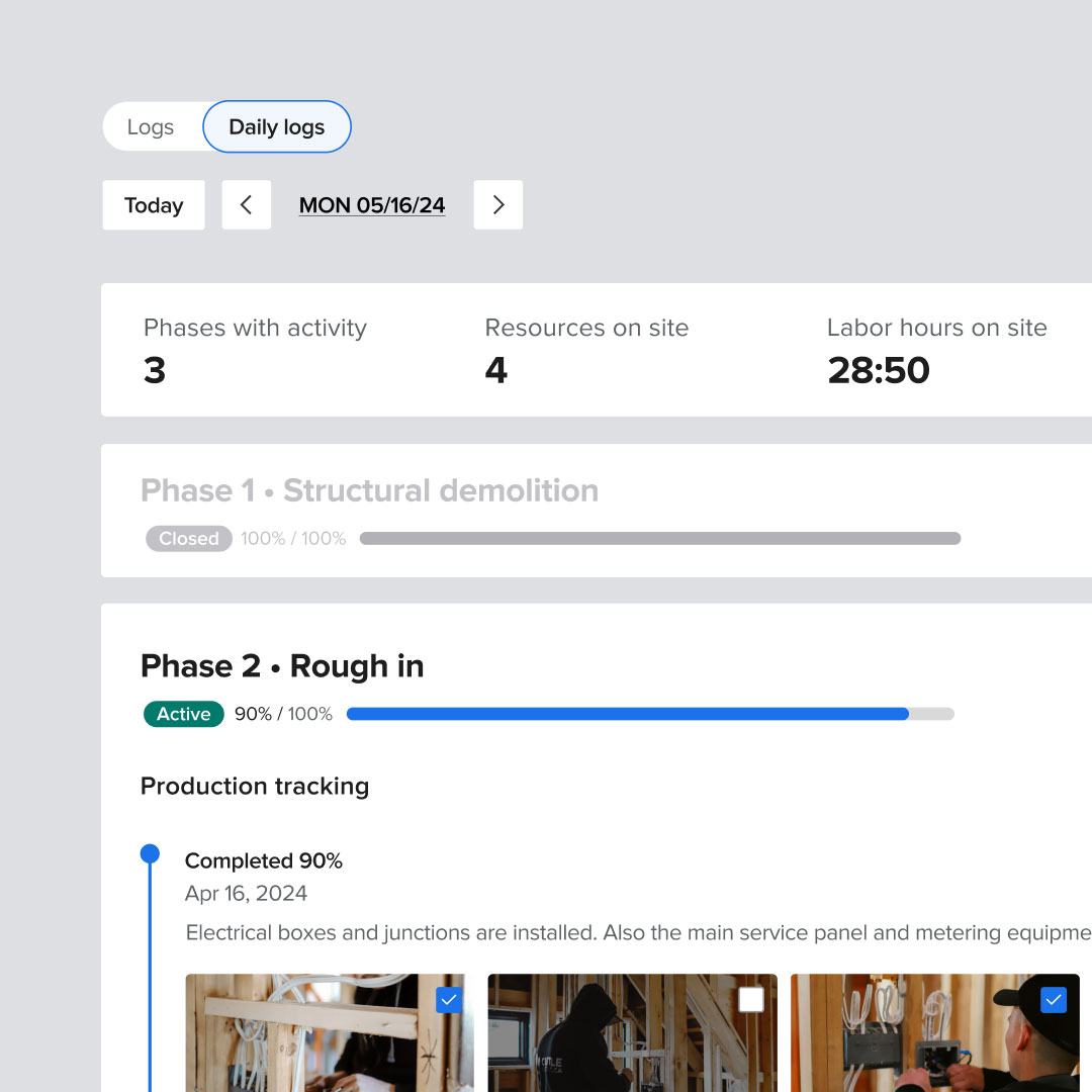 Partial view of a daily log displaying summary, weather, and progress on phases | Daily logs | Knowify