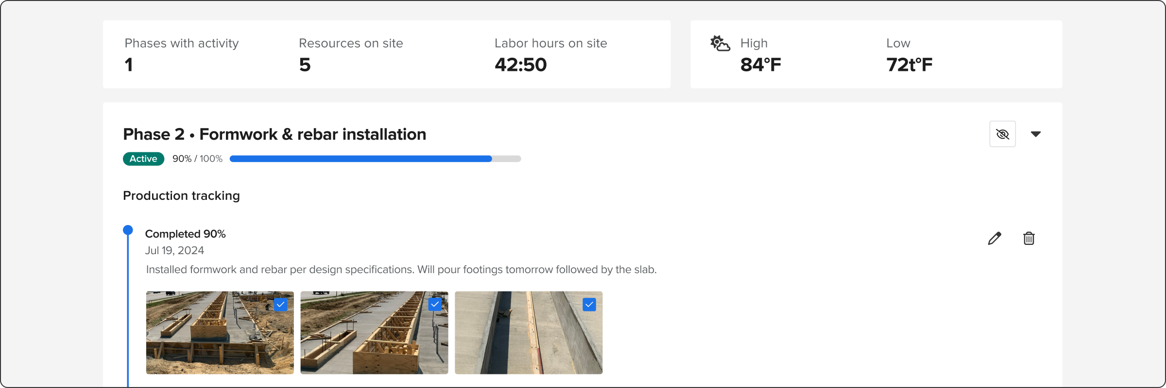 Daily logs view displaying summary, weather, and phase progress | Concrete contractor | Knowify