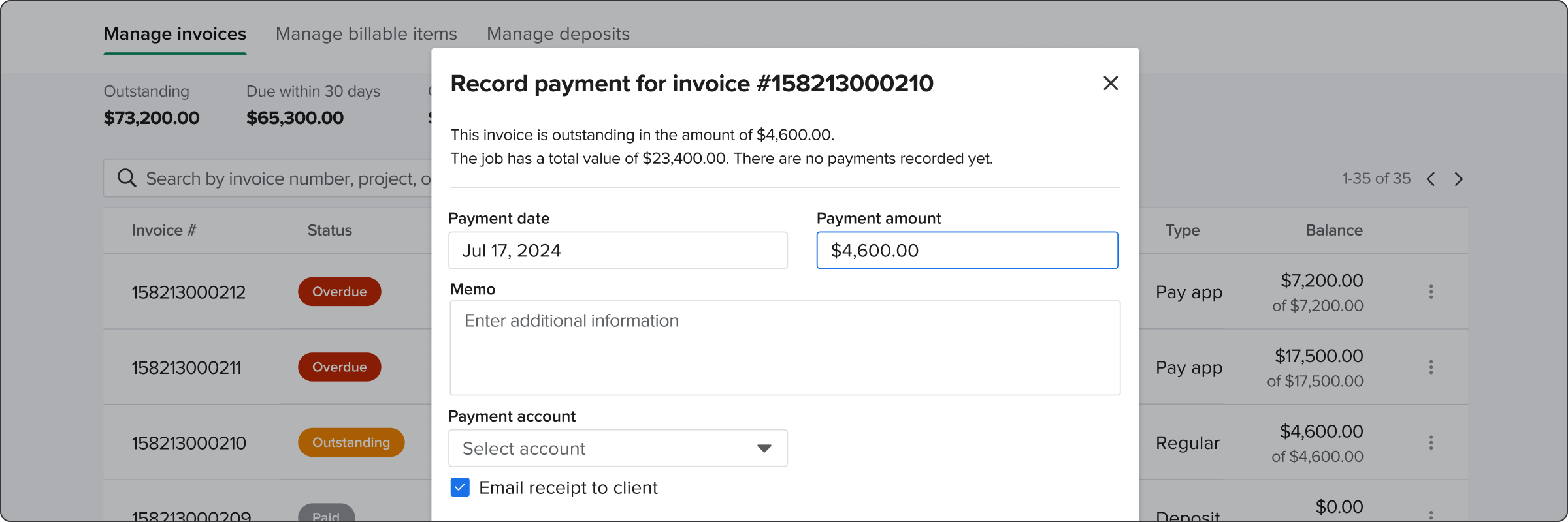 Product view displaying how to record payment for an outstanding invoice | Excavating contractor | Knowify