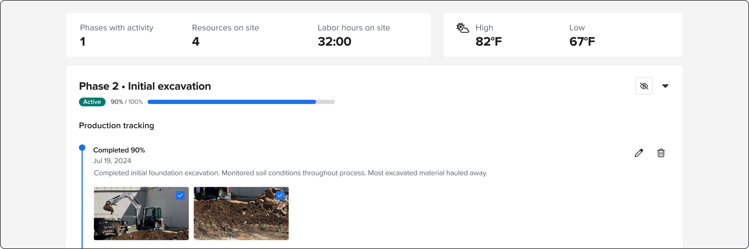 Daily logs view displaying summary, weather, and phase progress | Excavating contractor | Knowify