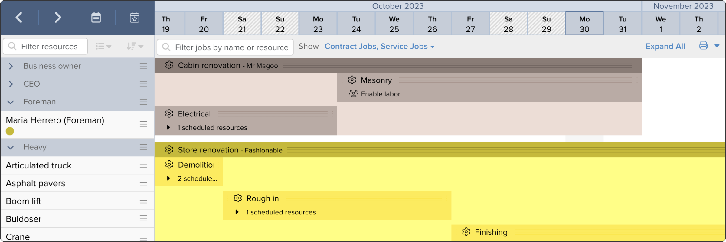 View of our scheduling section displaying resources scheduled across projects | Excavating contractor | Knowify