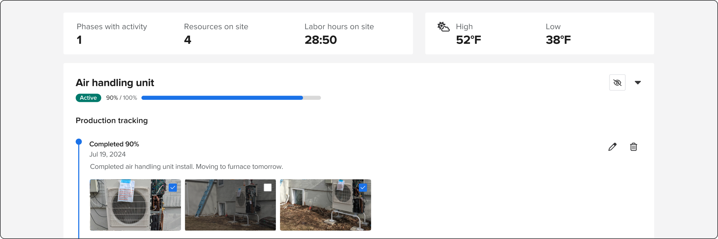 Daily logs view displaying summary, weather, and phase progress | HVAC contractor | Knowify