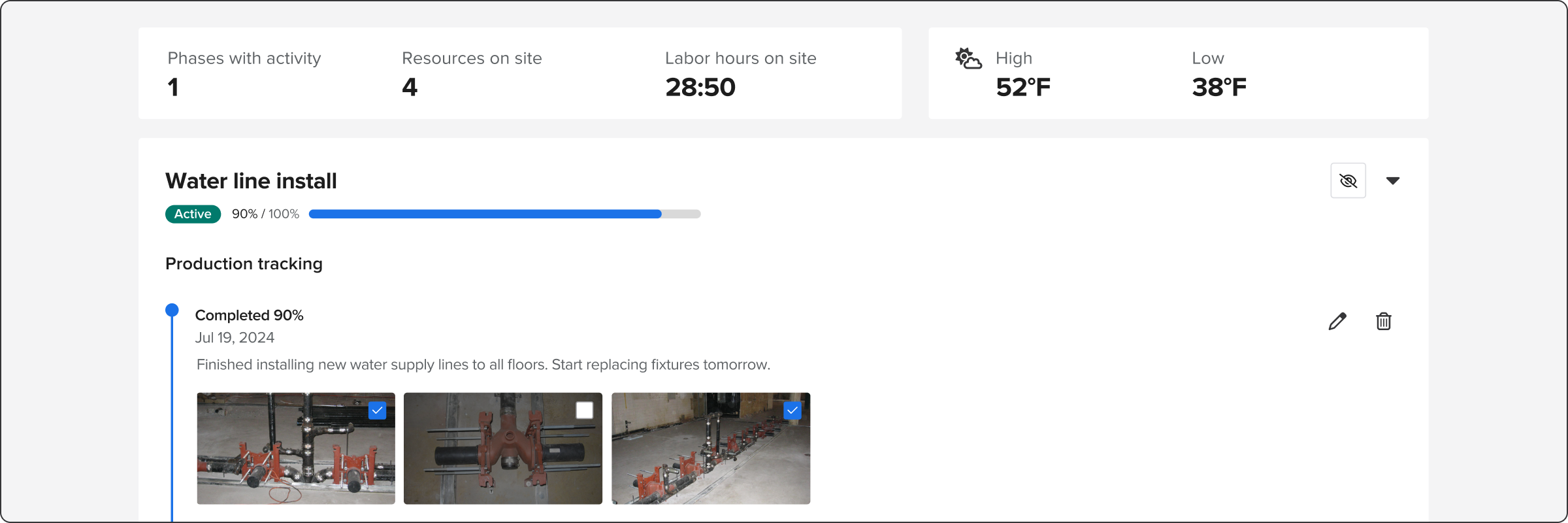 Daily logs view displaying summary, weather, and phase progress | Plumbing contractor | Knowify