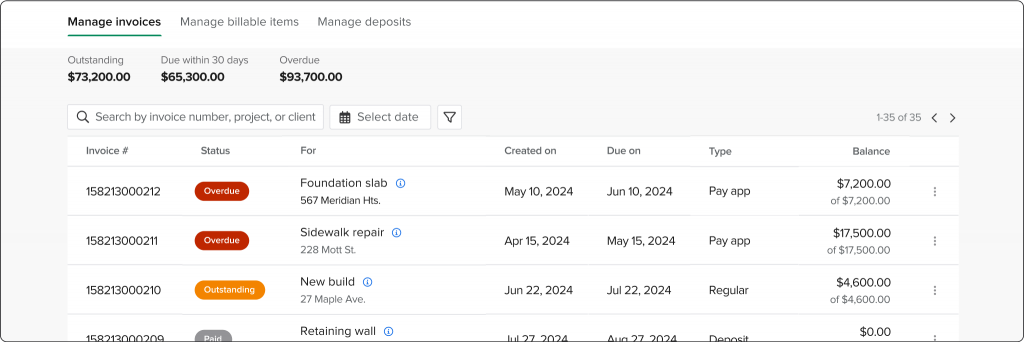 Product view of our 'Manage invoices' section | Construction invoicing mistakes | Knowify