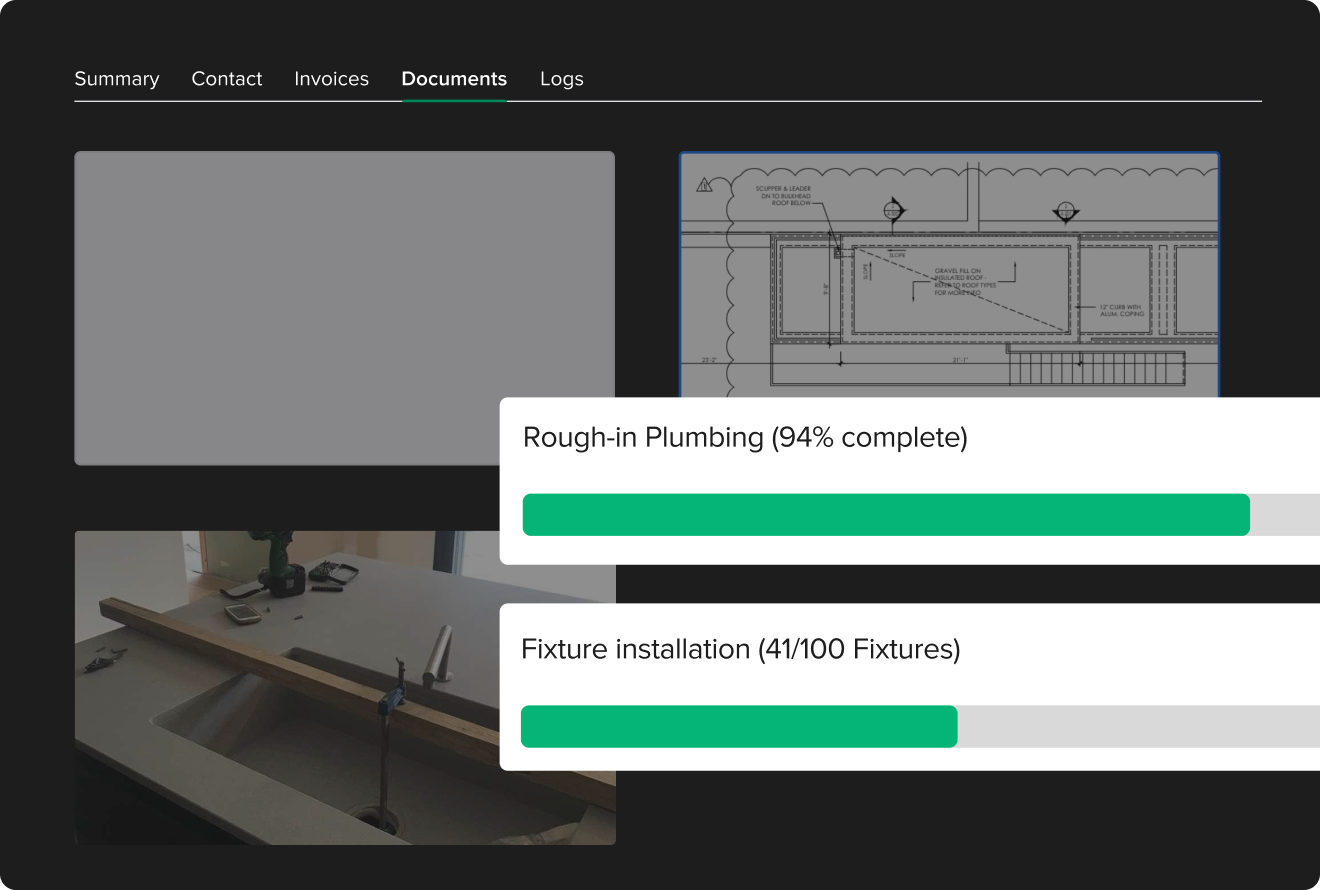 Composition displaying progress updates by phase and documents related to that progress | Client portal | Knowify