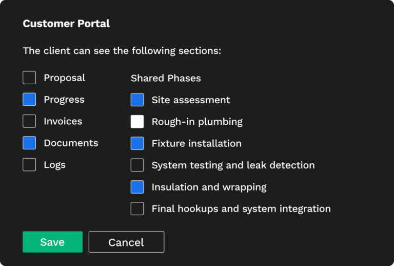 Settings section where the user can select what to share with their client: proposal, progress, invoices, documents and logs | Client portal | Knowify