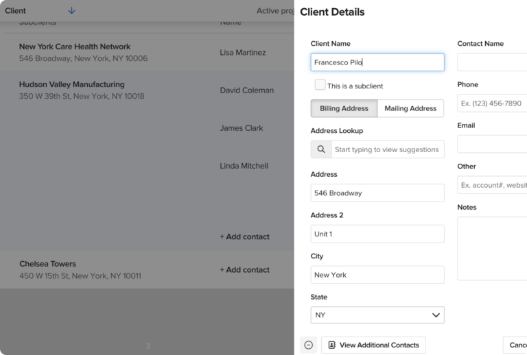 An image of Knowify, showing the client management section. Client data like name, address, and notes are visible.
