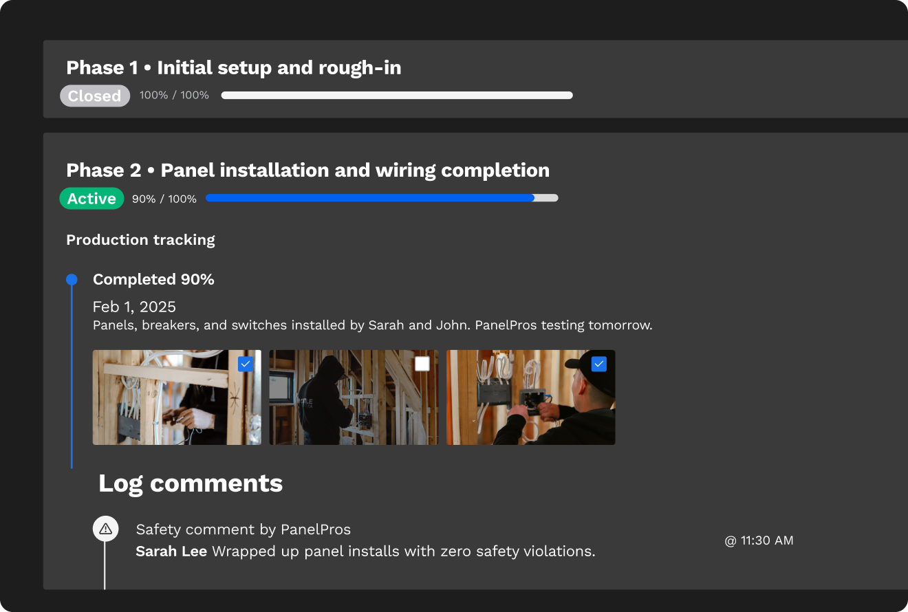 Display of two construction phases: one closed and the other active with 90% completed progress | Daily logs | Knowify