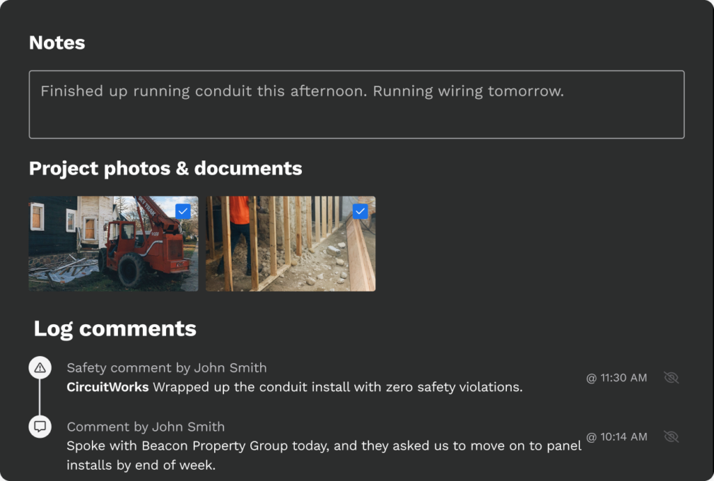 Daily logs and project reports for trade contractors