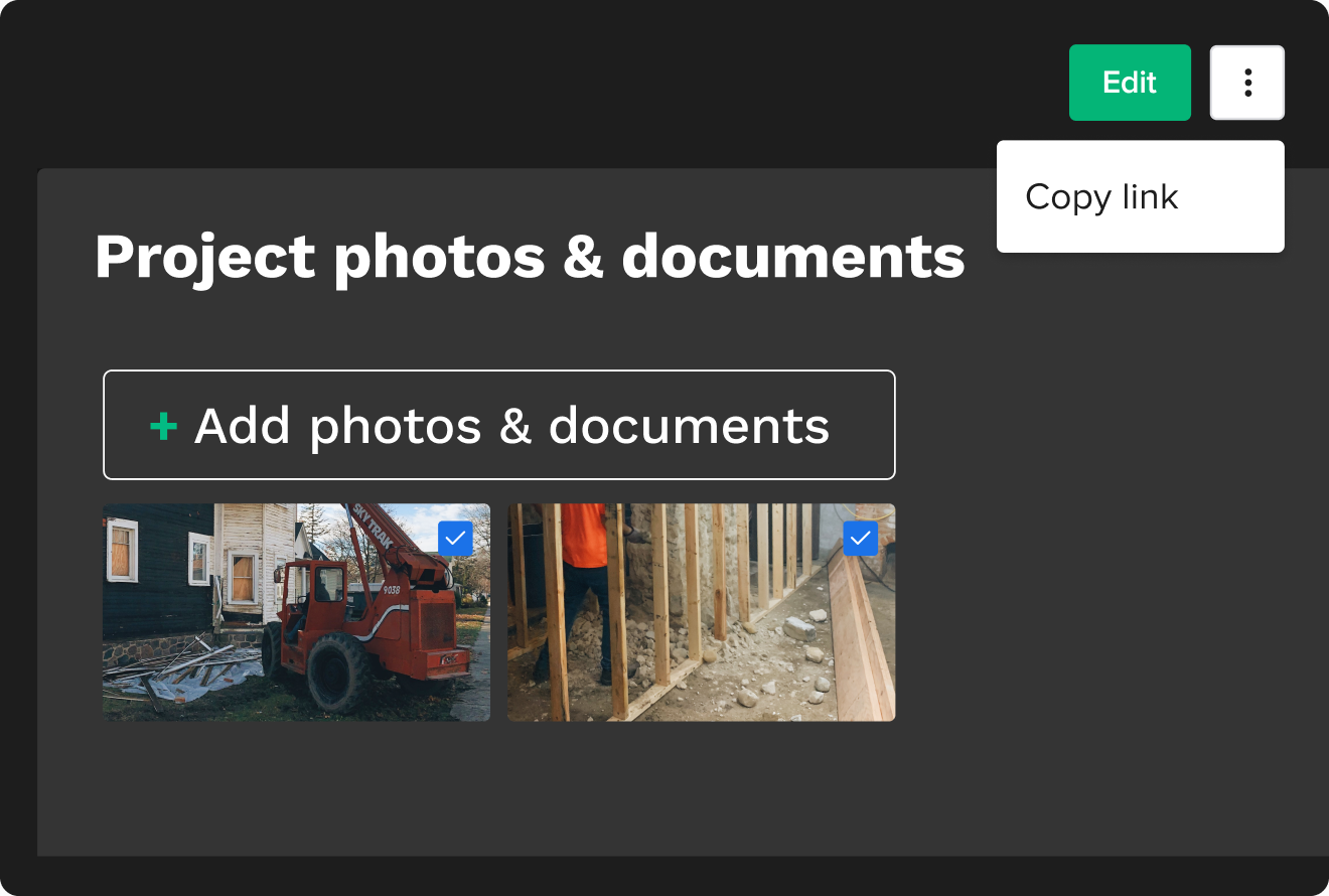 Close up of the project photos and documents section where the user can select what to share | Daily logs | Knowify