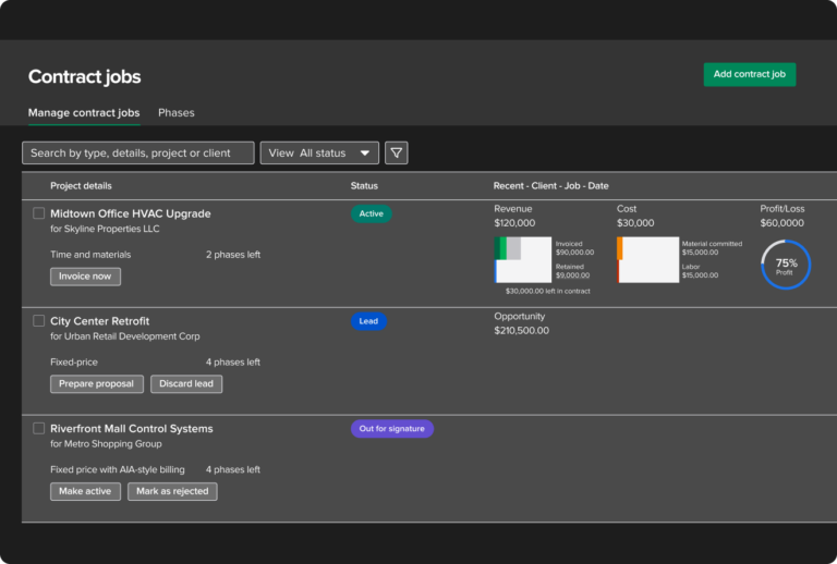 An image of Knowify's construction management software, showing 3 projects: one that's active, and two that are still in the sales process.