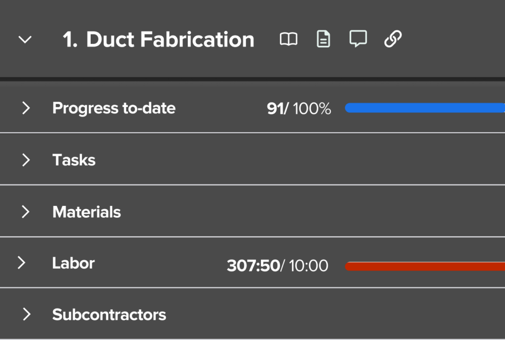 An image of Knowify's construction management software, showing job progress and actuals vs budget reporting for a single phase.
