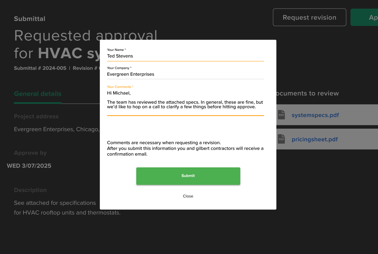 An image showing Knowify's rfi software from the client point of view. The client can answer rfis and provide updates from a link in an email.