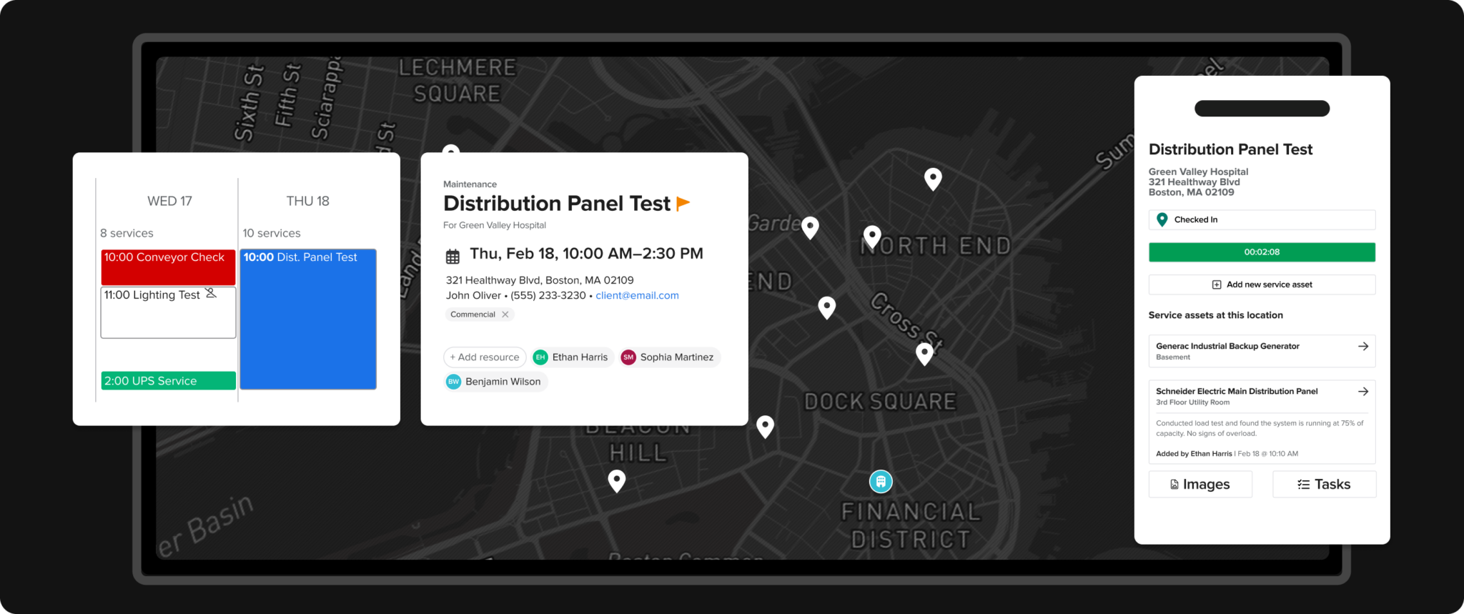 Knowify Service Pro scheduling dashboard with HVAC jobs assigned to technicians