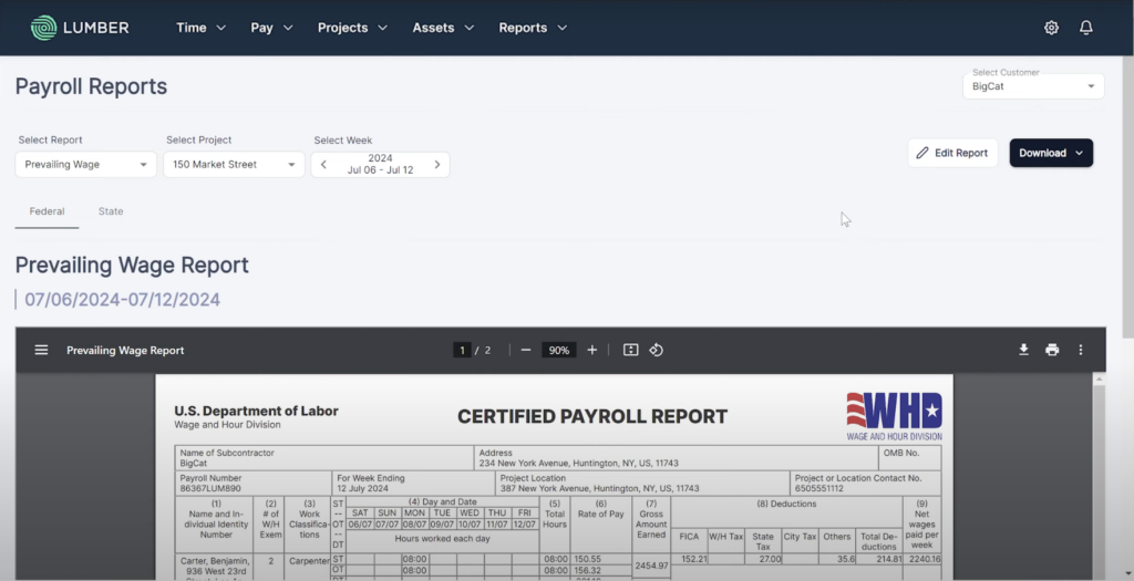 Example of generating a certified payroll report in Lumber