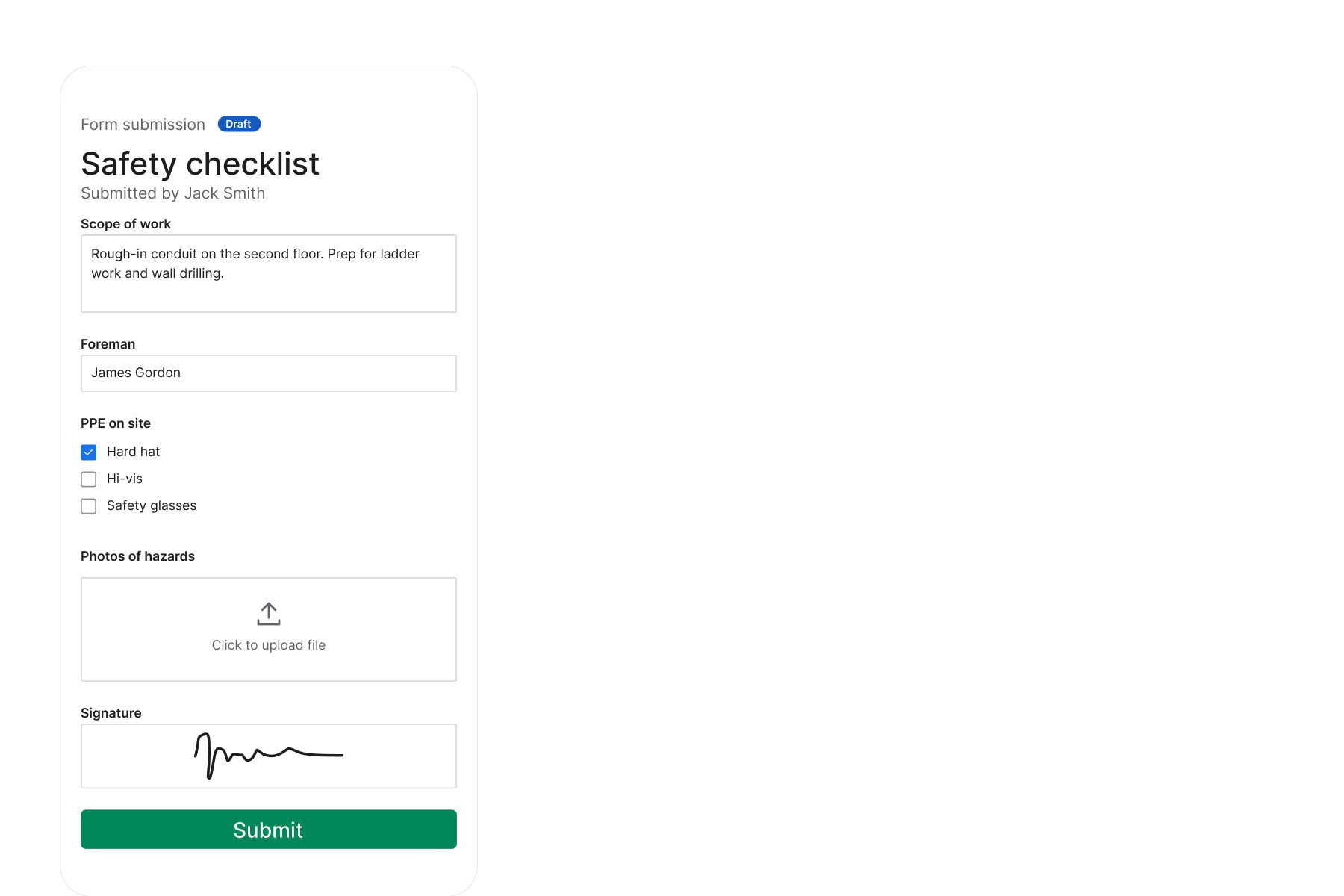 Example of a safety checklist submission in a mobile device.