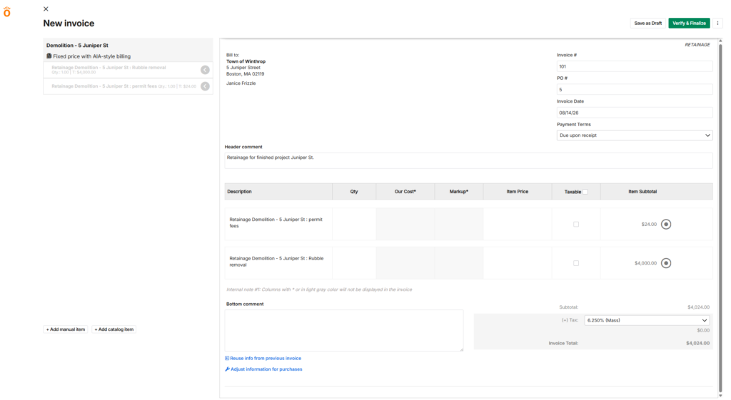 Retainage invoice in Knowify