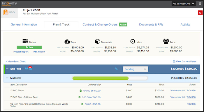 Job costing and project management technology for contracting firms